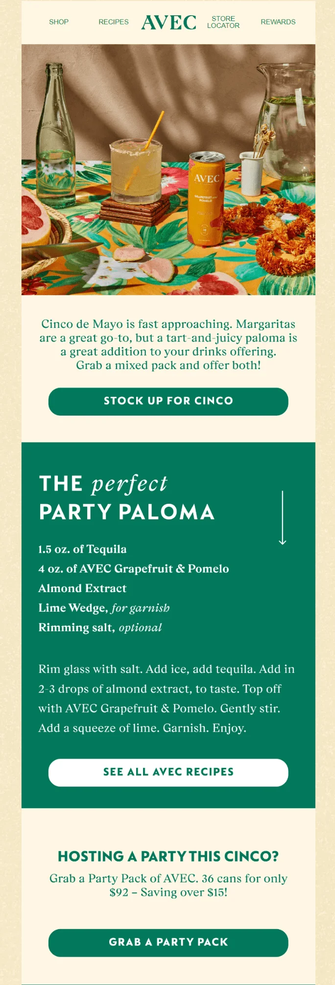 A Cinco de Mayo email with a party paloma recipe and a CTA “Stock up for Cinco”