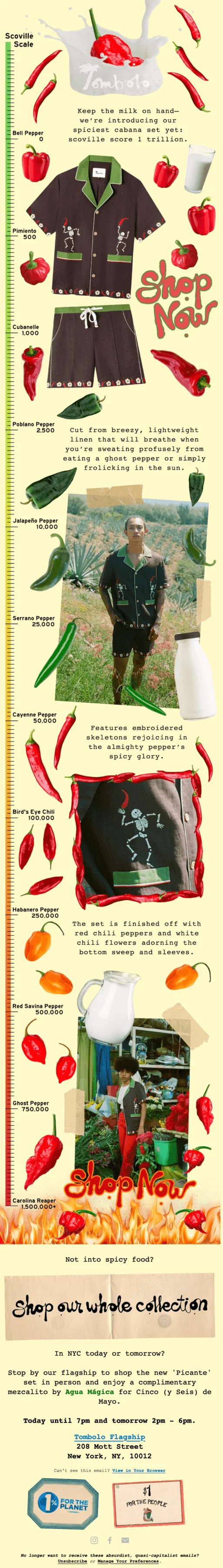 Cinco de Mayo email promoting a linen clothing set with images of peppers, milk, and a spice scale