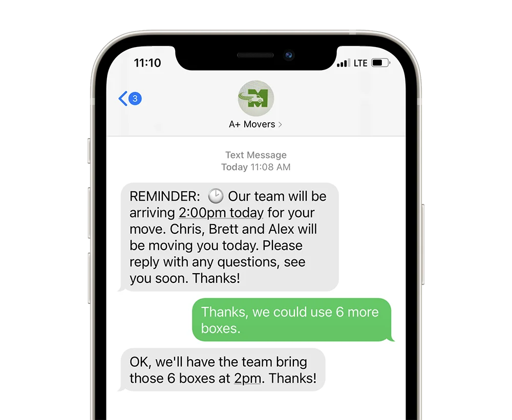 An example of an update SMS from a moving company
