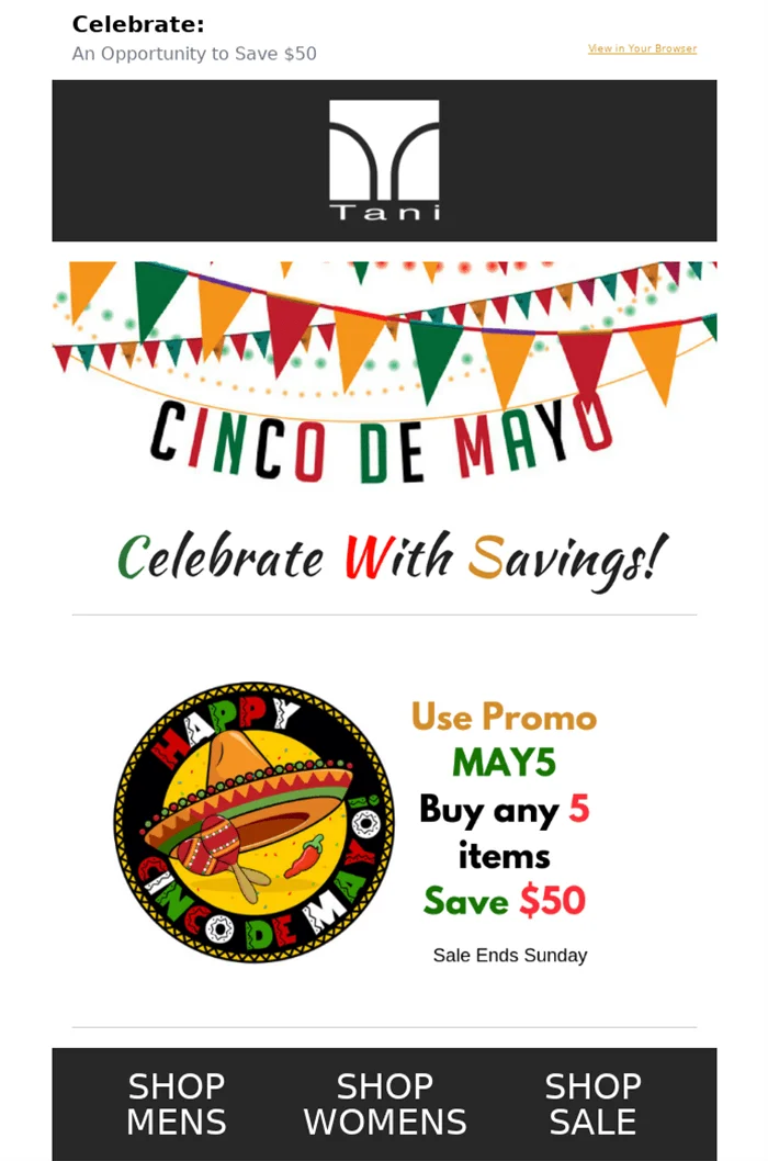 A Cinco de Mayo email with the banner text saying “Celebrate with savings”