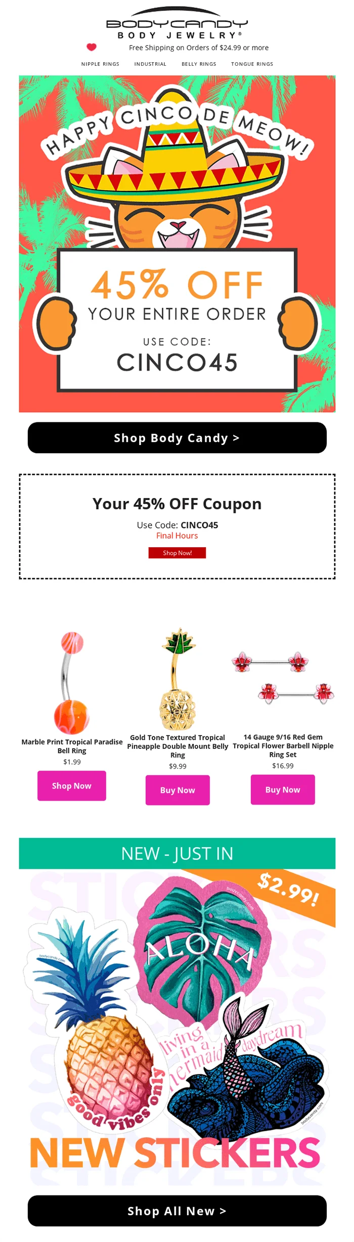 A Cinco de Mayo email with the banner text “Happy Cinco de Meow!”