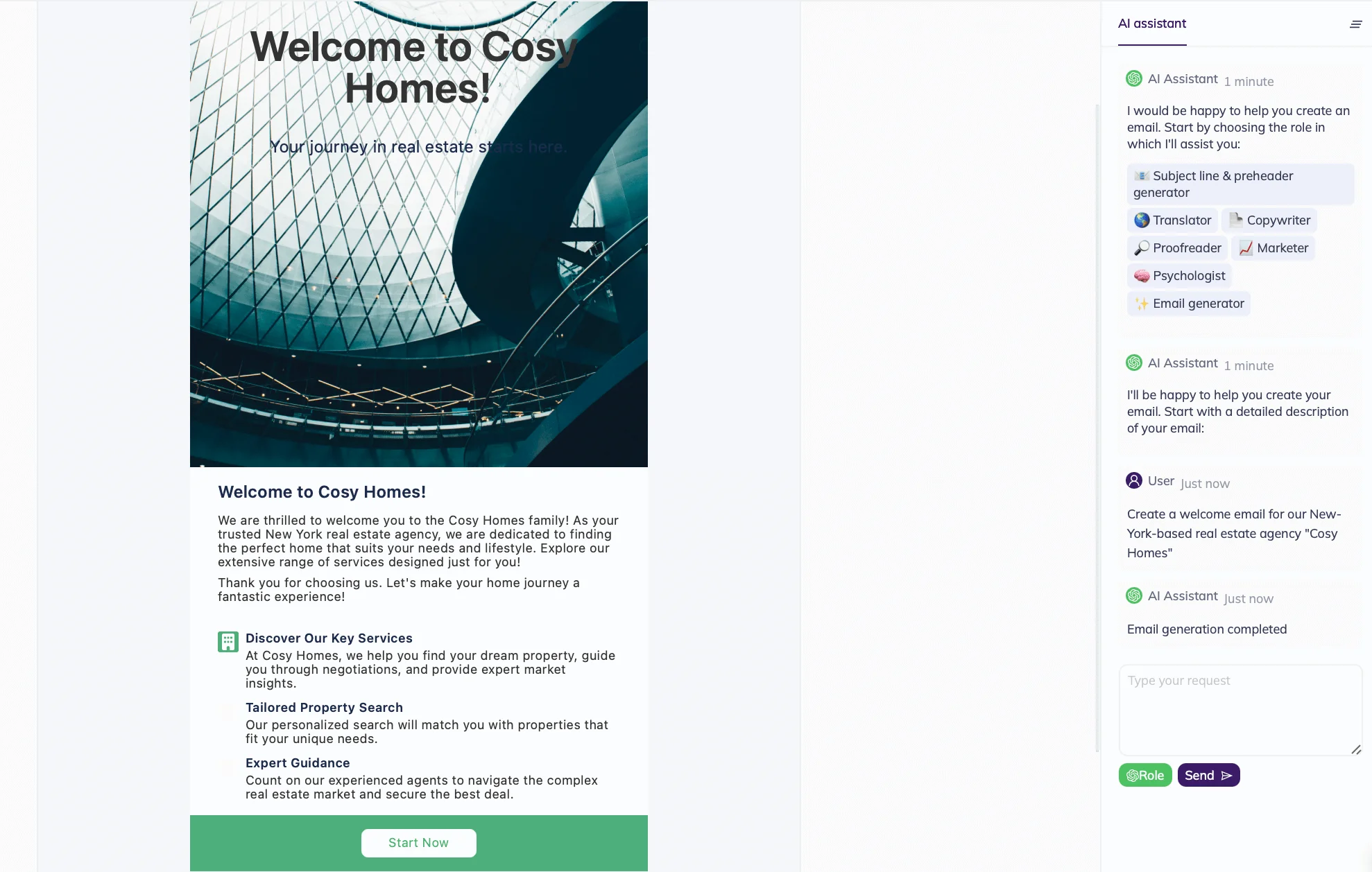 A screenshot of a Selzy builder page with prompt “Create a welcome email for our New-York-based real estate agency, 'Cosy Homes'” and an email template.