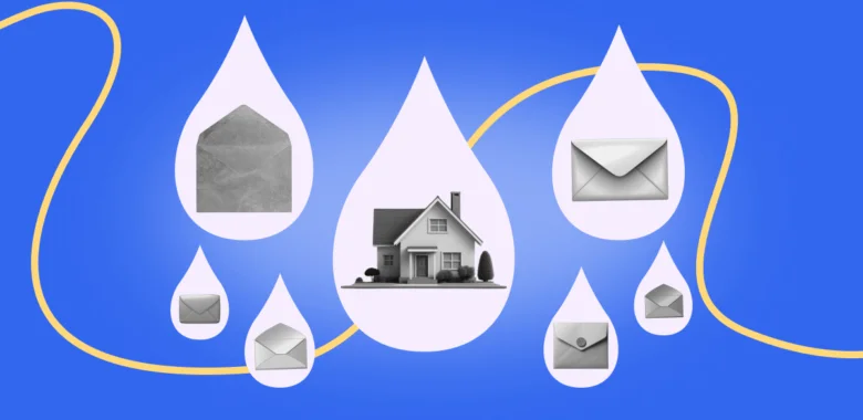 Violet droplets, with a house in one of them, and email icons in others