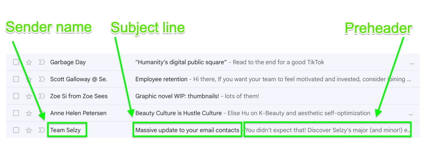 Sender name, subject line, and preheader in a Gmail inbox