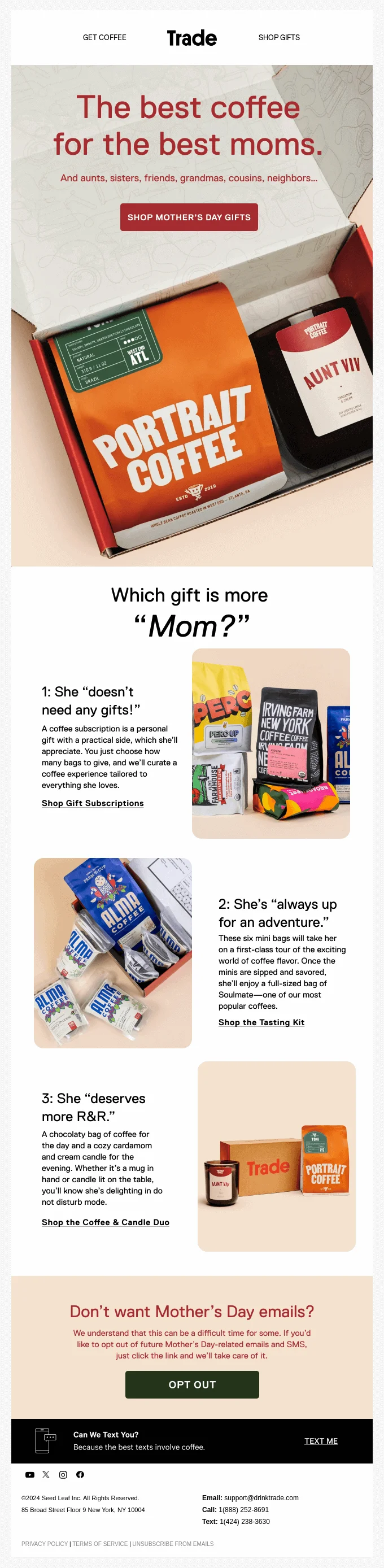 Mother’s Day email subject line example from Trade Coffee
