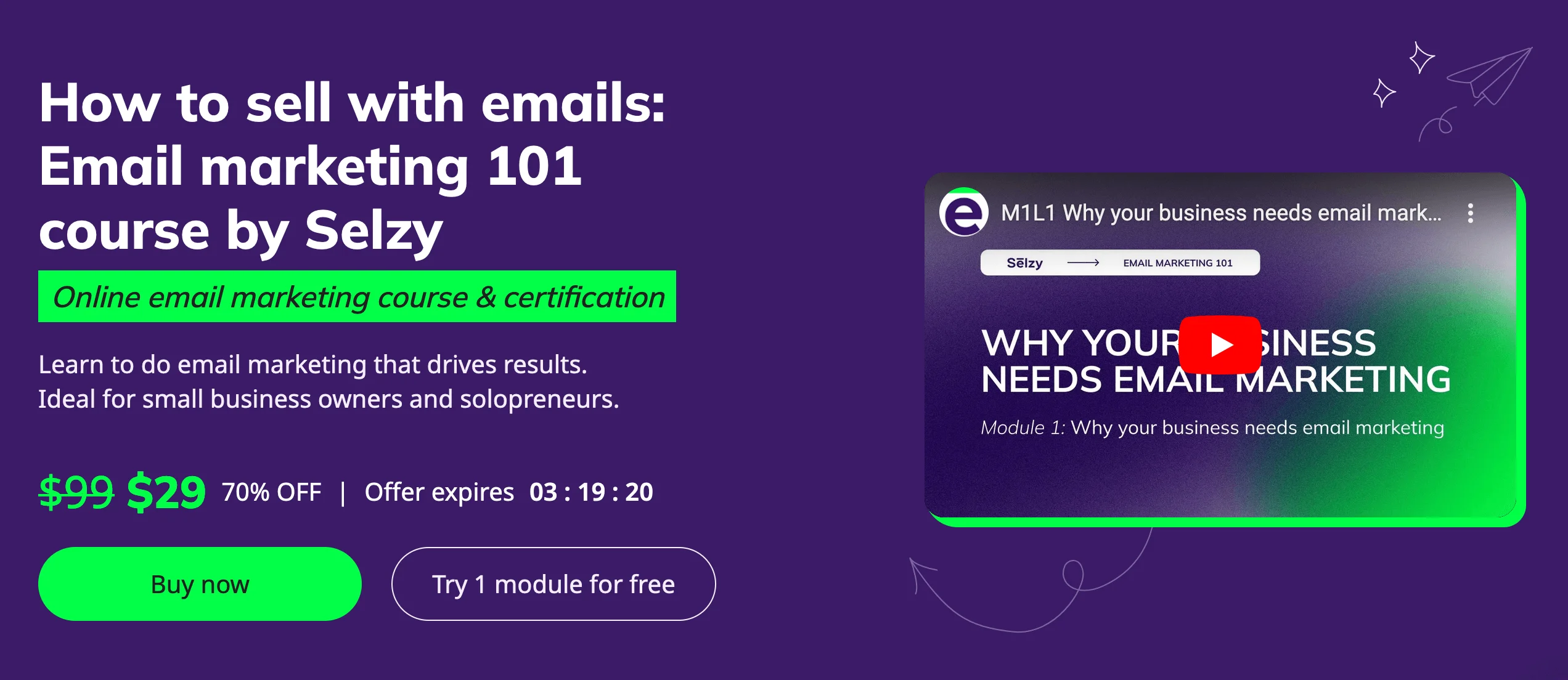 A landing page promoting the Selzy Email Marketing 101 course