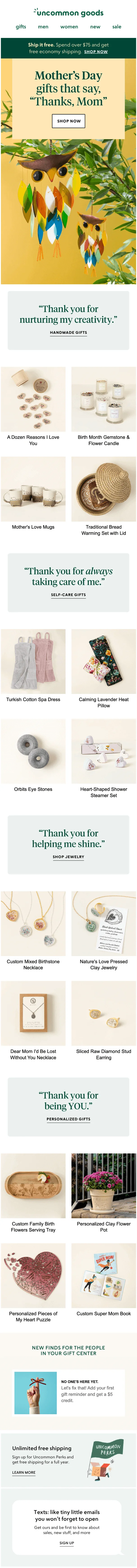 Mother’s Day email subject line example from Uncommon Goods