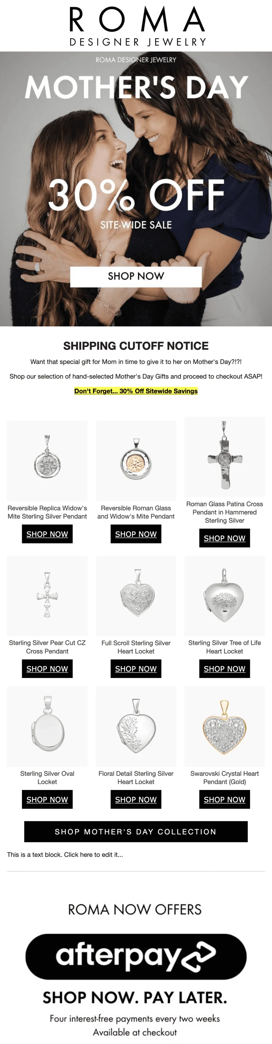 Mother’s Day email subject line example from Roma Designer Jewelry