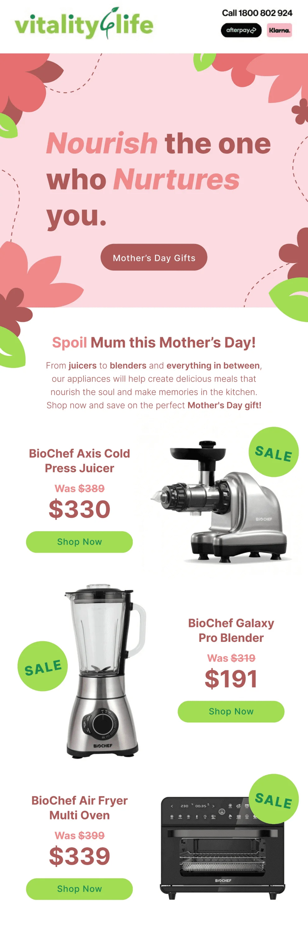 Mother’s Day email subject line example from Vitality 4 Life Australia