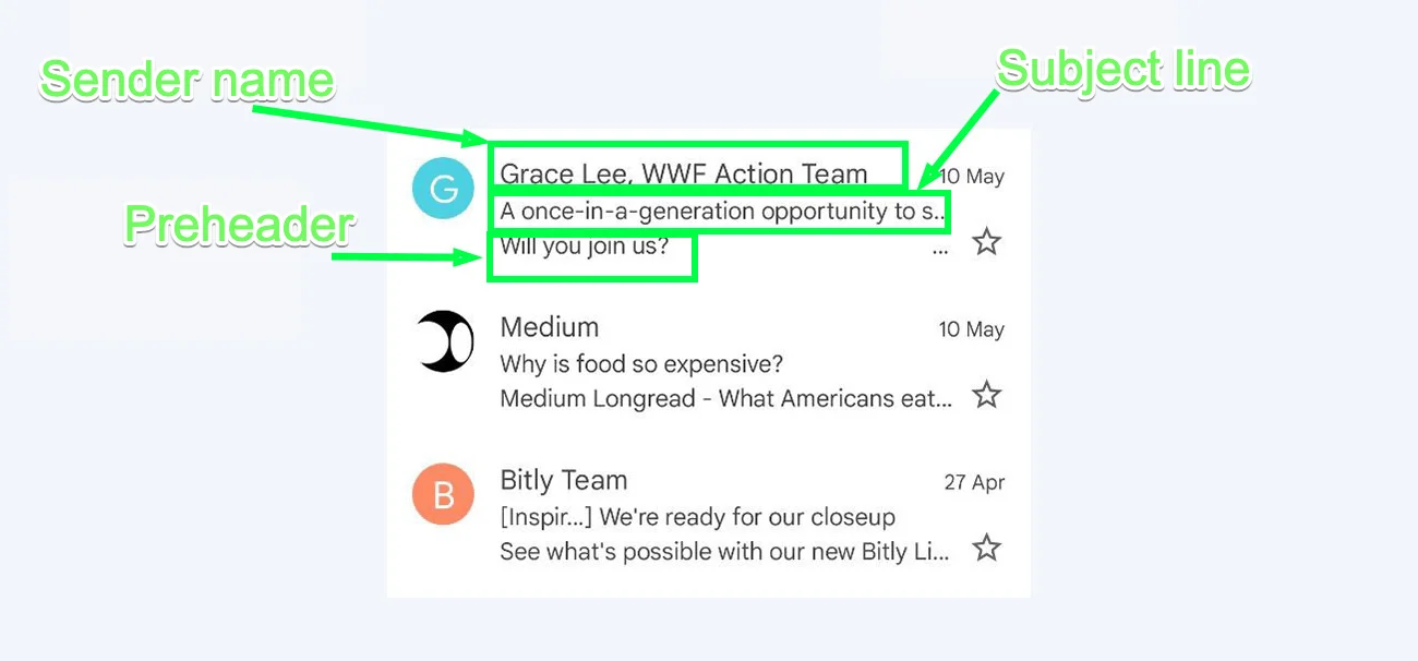 A Gmail inbox screenshot on an Android smartphone