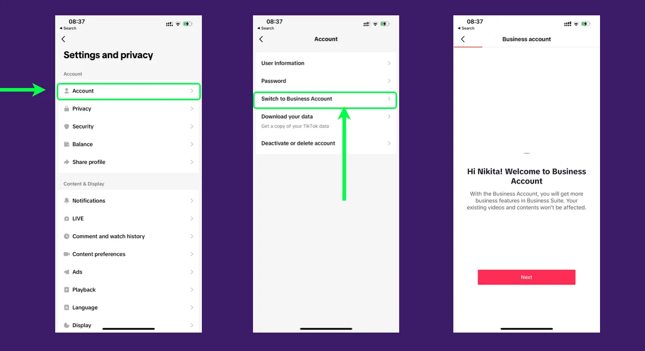 TikTok business account setup