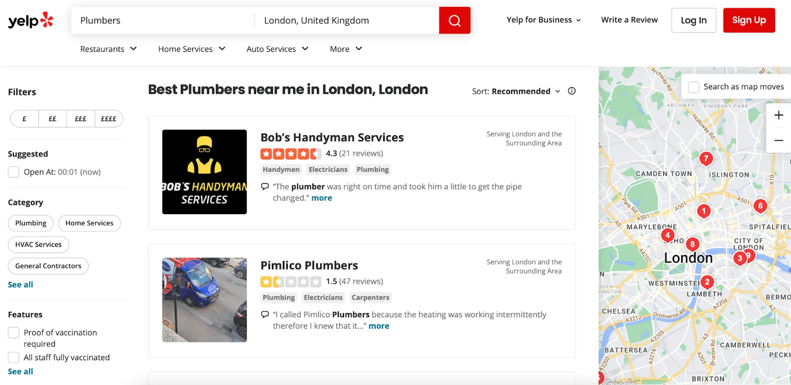 Yelp plumber search