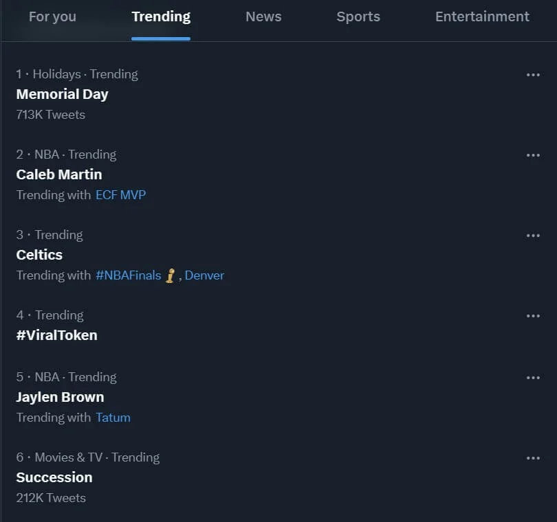 The Trending tab on Twitter, accessed from the Explore page