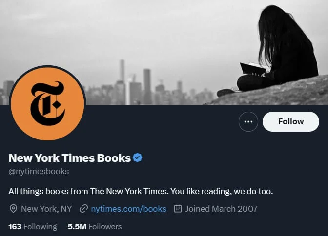 New York Times Books Twitter account with the blue checkmark