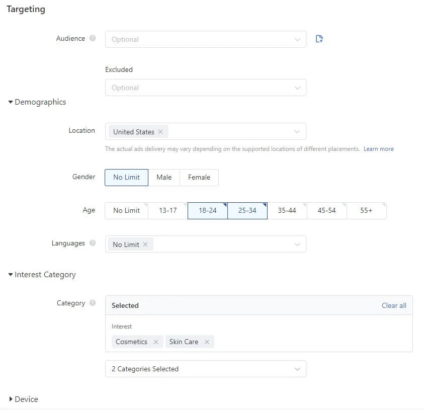 Audience setting in TikTok ads manager