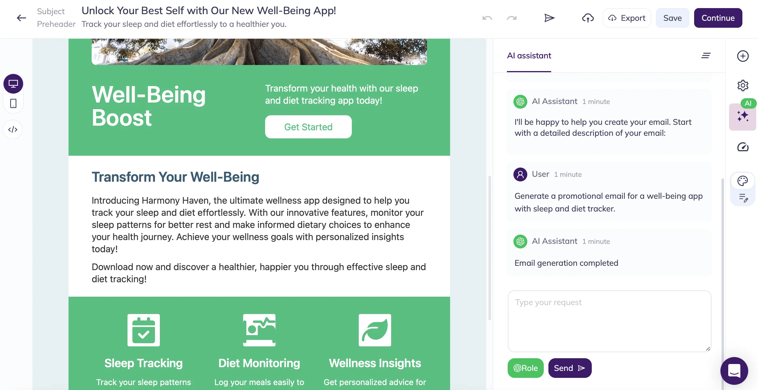 An AI-generated promotional email template for a well-being app with prompt example
