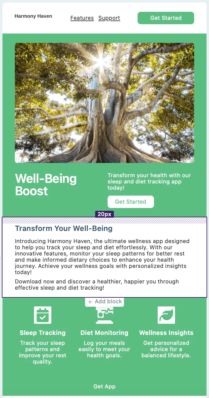 An AI-generated promotional email template for a well-being app with a green background, picture of a tree, text, and CTA buttons