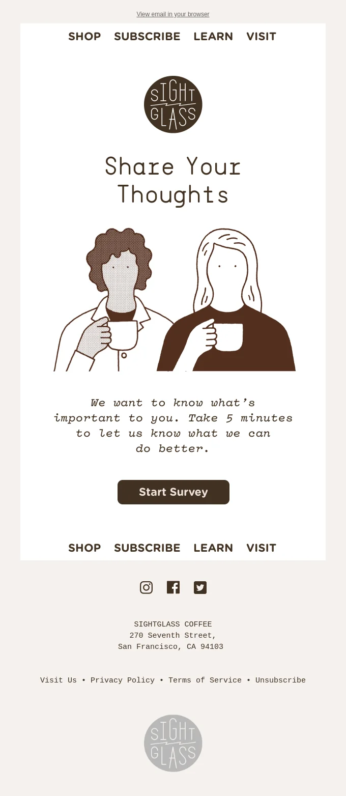 Survey email with an external link from Sightglass Coffee