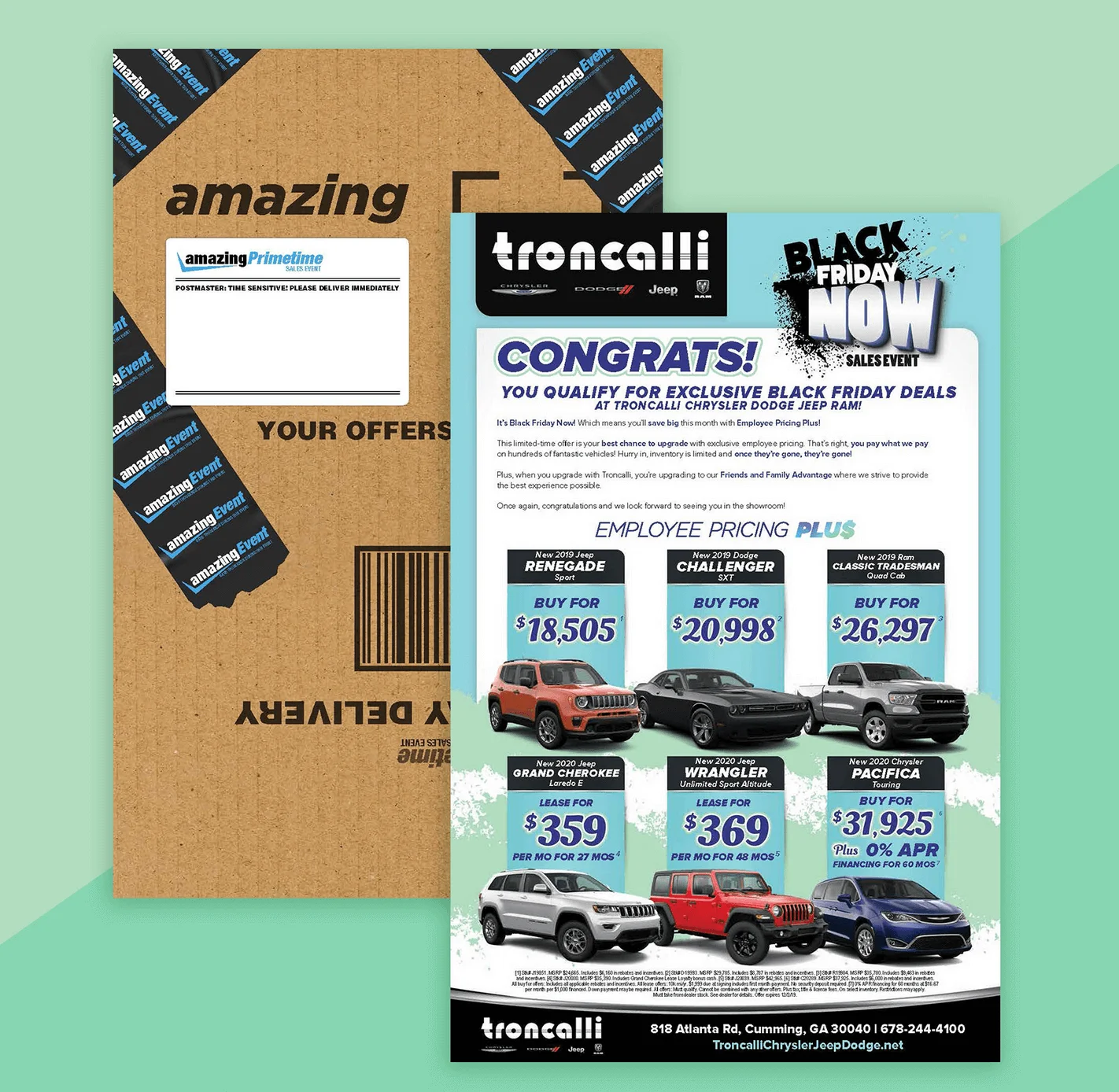 A mailer with exclusive Black Friday deals featuring several car model photos with prices for lease or purchase