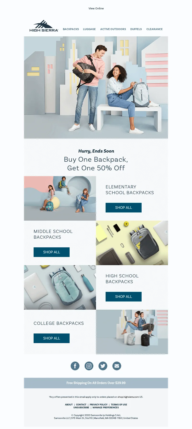 Labor Day email from High Sierra that promotes a backpack sale