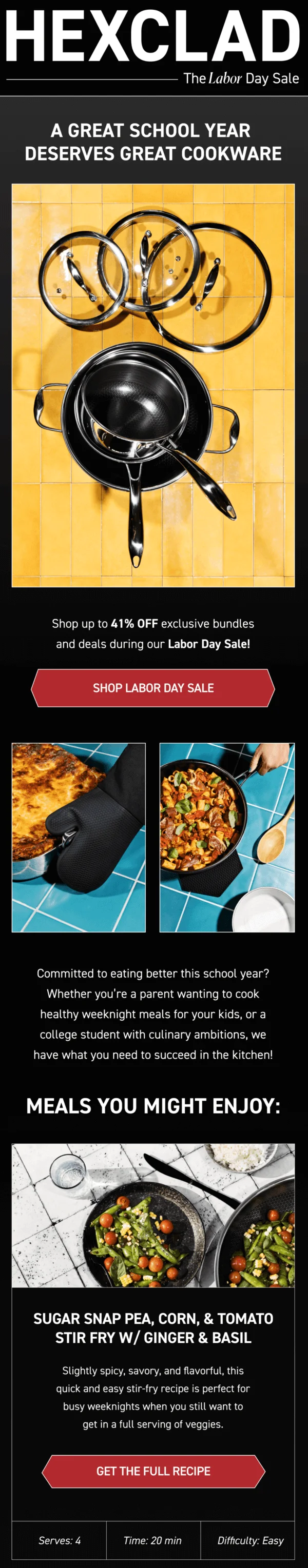 Labor Day email from HexClad with the tagline “A great school year deserves great cookware”
