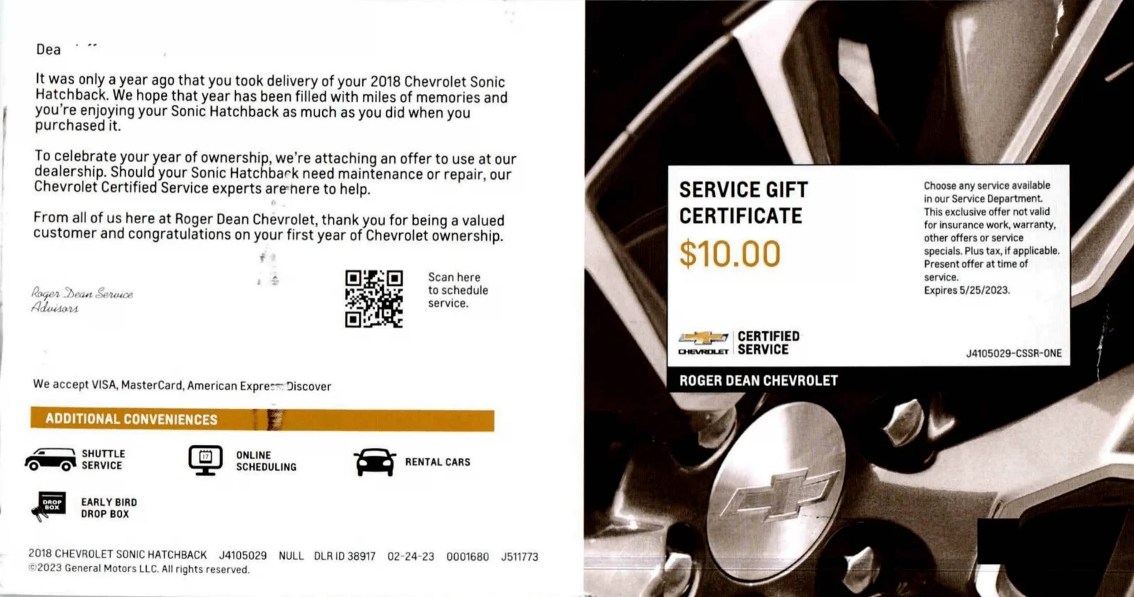 A flyer from a Chevrolet dealership containing a discount and personal information