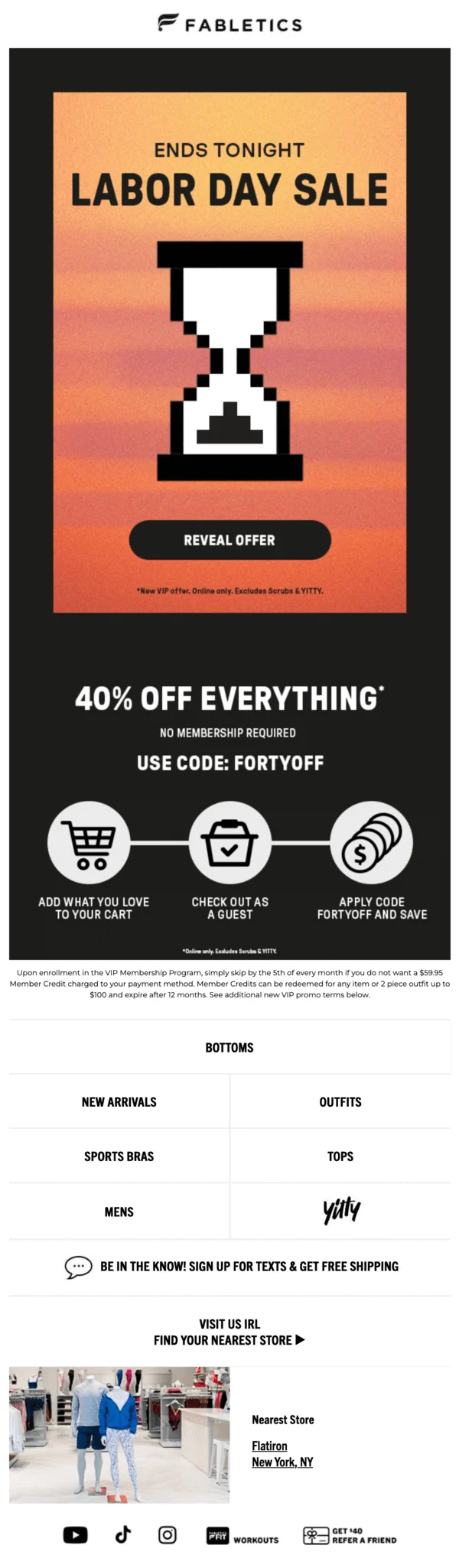 Labor Day sale email from Fabletics with a 40% off discount code and a picture of an hourglass
