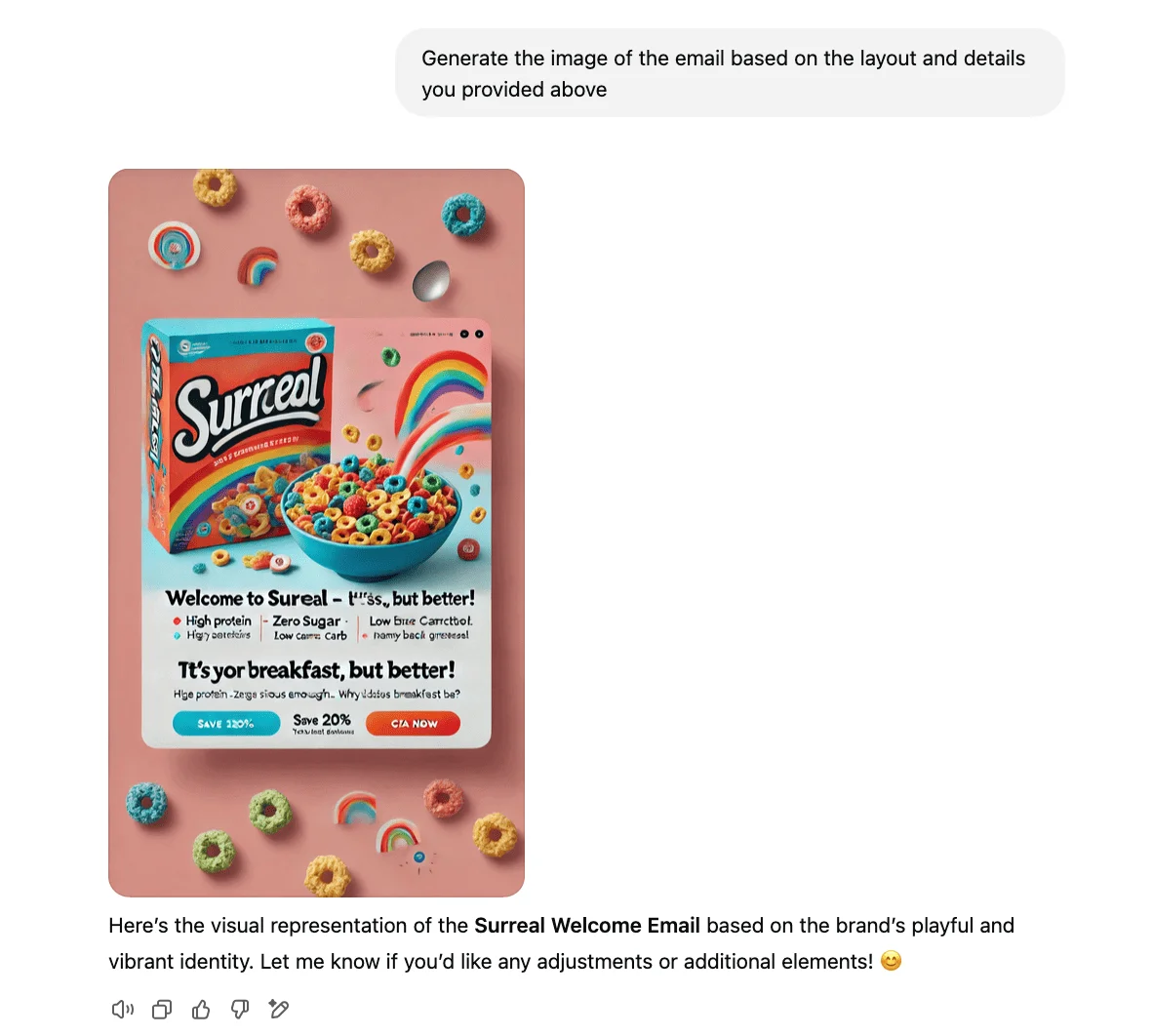 A continuation of the same ChatGPT dialogue with the user asking the AI to generate an image based on the description and an AI image output with necessary elements in a slightly unconventional email layout and text not fully legible