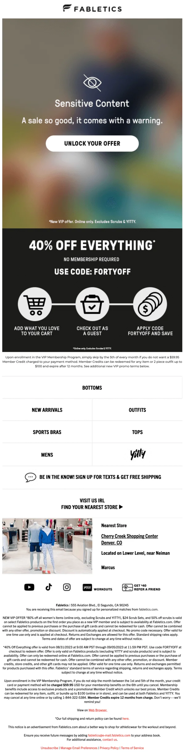 Labor Day email from Fabletics with the tagline Sensitive Content