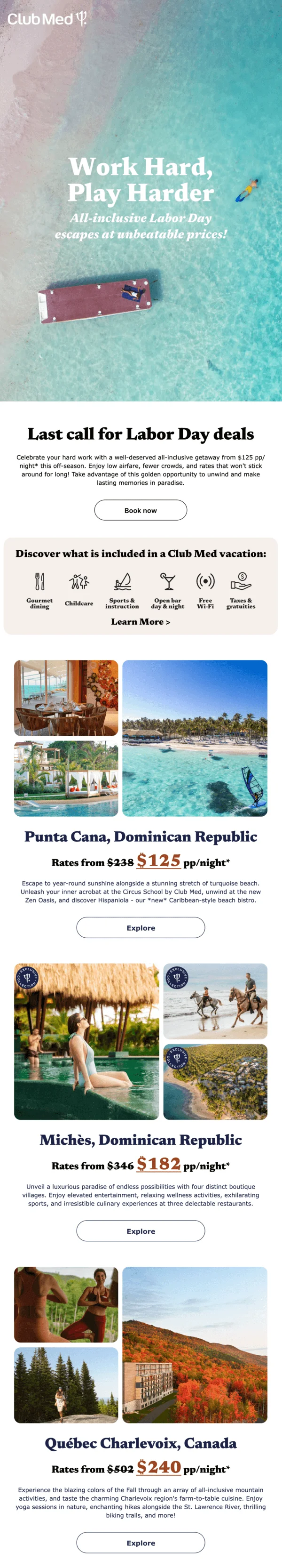 Labor Day email from Club Med with the tagline “Work hard, play harder”