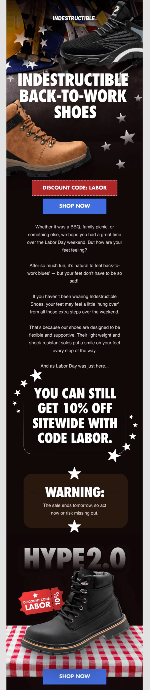 Labor Day email from Indestructible with the tagline “Indestructible back-to-work shoes”