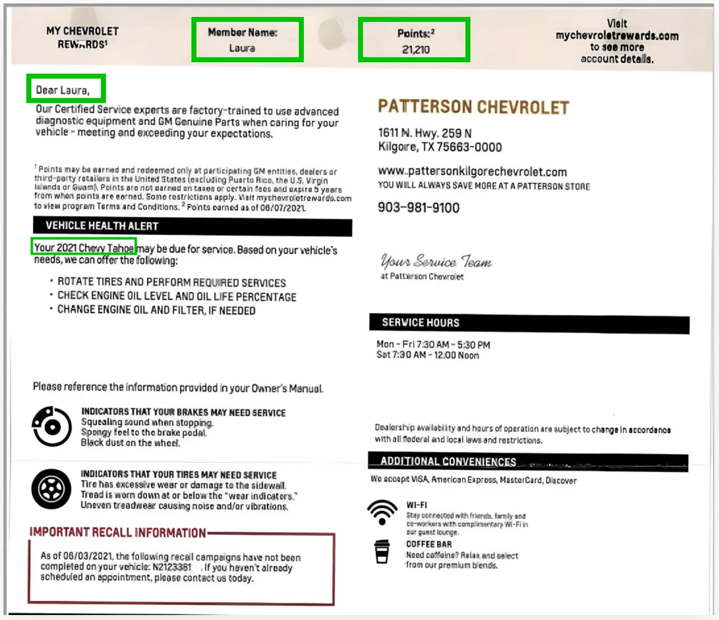 A personalized direct mail piece with the customer’s name, vehicle model, and loyalty points