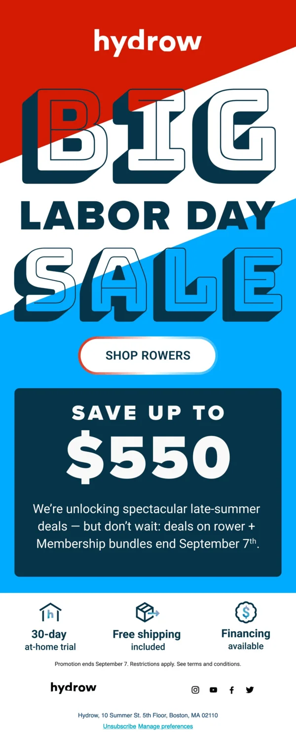 A Labor Day email from Hydrow that features a red, white, and blue color scheme