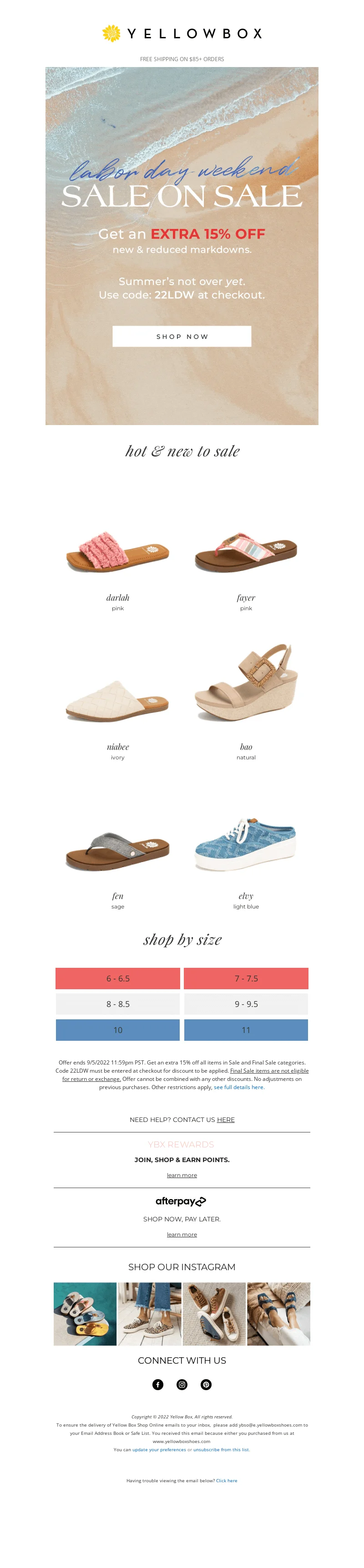 Labor Day email from Yellowbox with the premise that summer is not over yet, promoting a discount on sandals