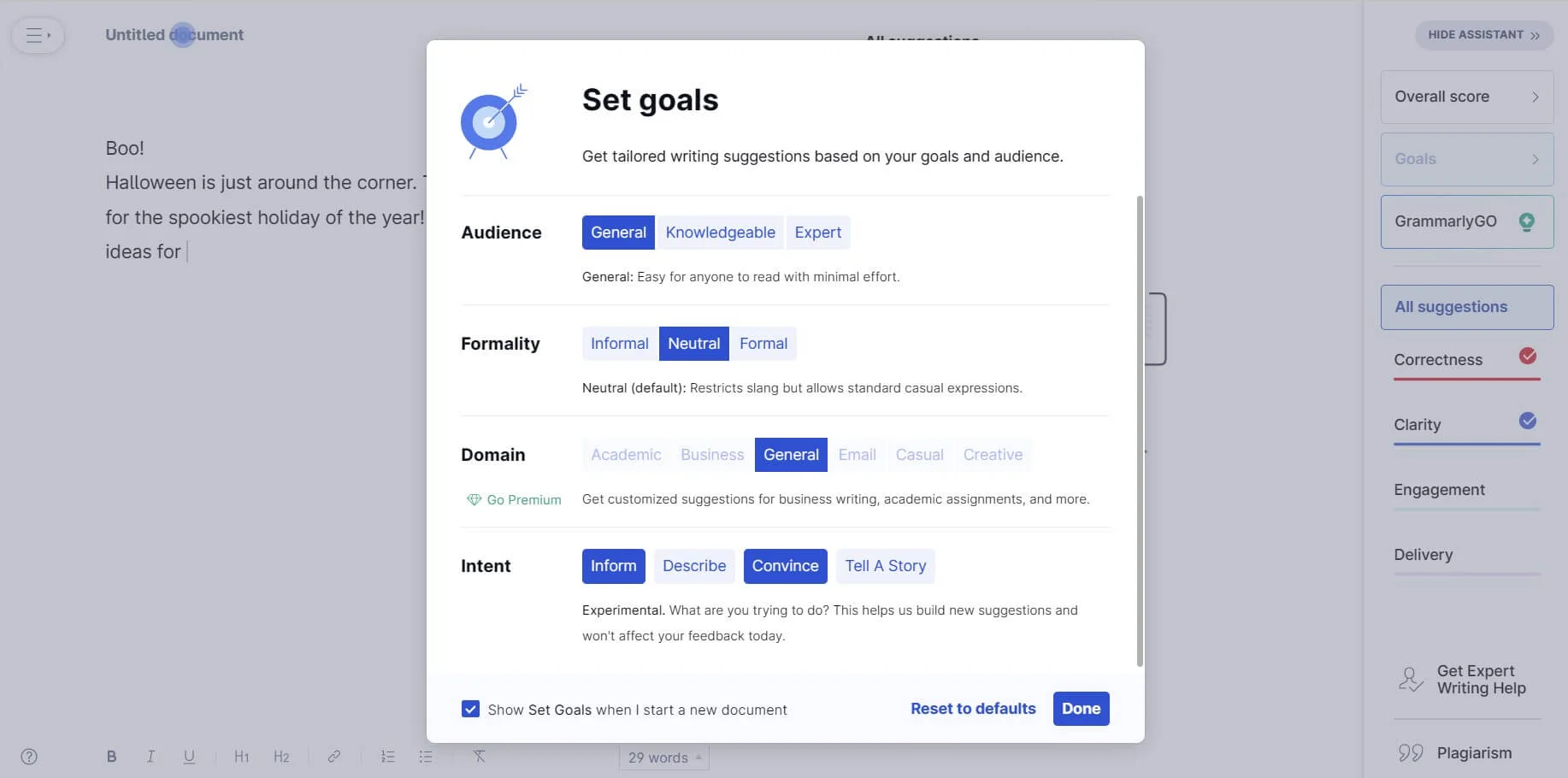 A document in Grammarly with the “Set goals” window opened. The parameters available are “Audience”, “Formality”, “Domain”, and “Intent”.