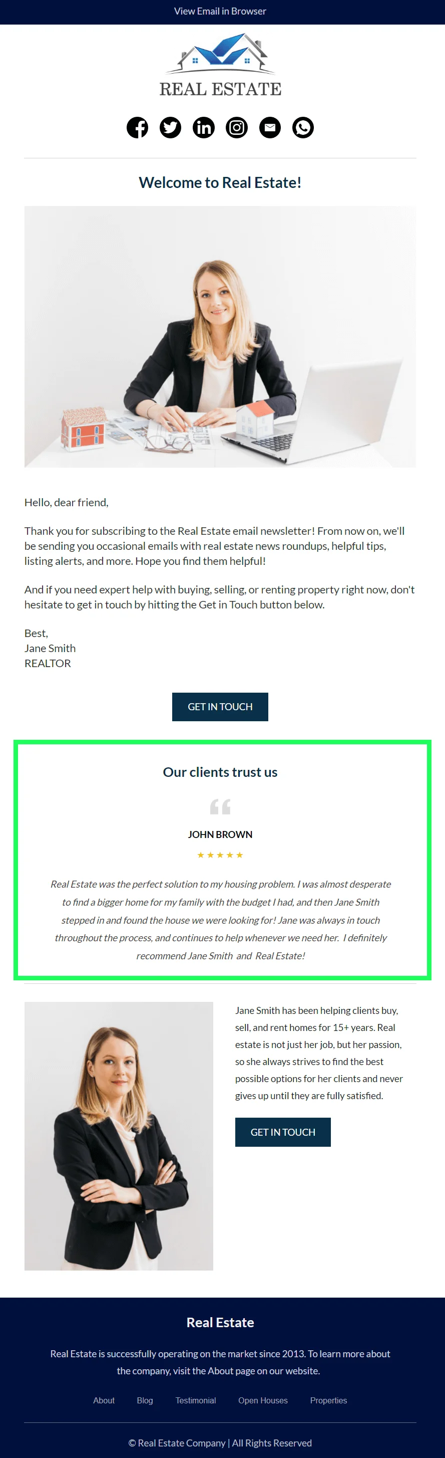 Real estate email example with personal branding content (client testimonial).
