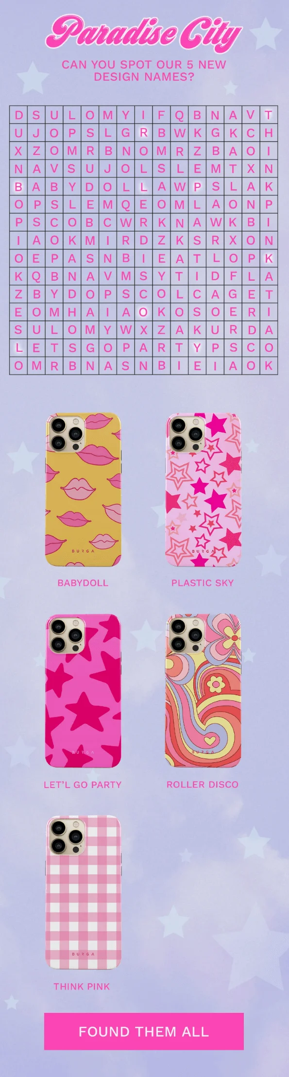 An email from BURGA that has a word search game where you need to find 5 new phone case design names in a grid of letters