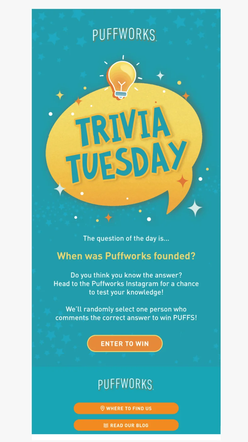 Company trivia quiz email from Puffworks that suggests answering the question on Instagram to enter a giveaway
