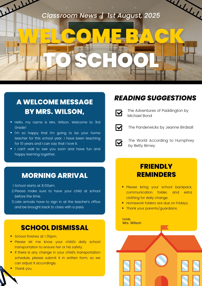 A back-to-school email example from an educator