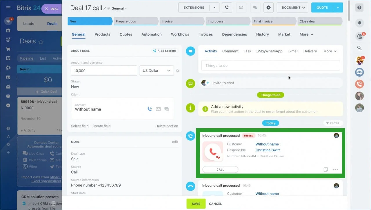Missed call management feature is CRM