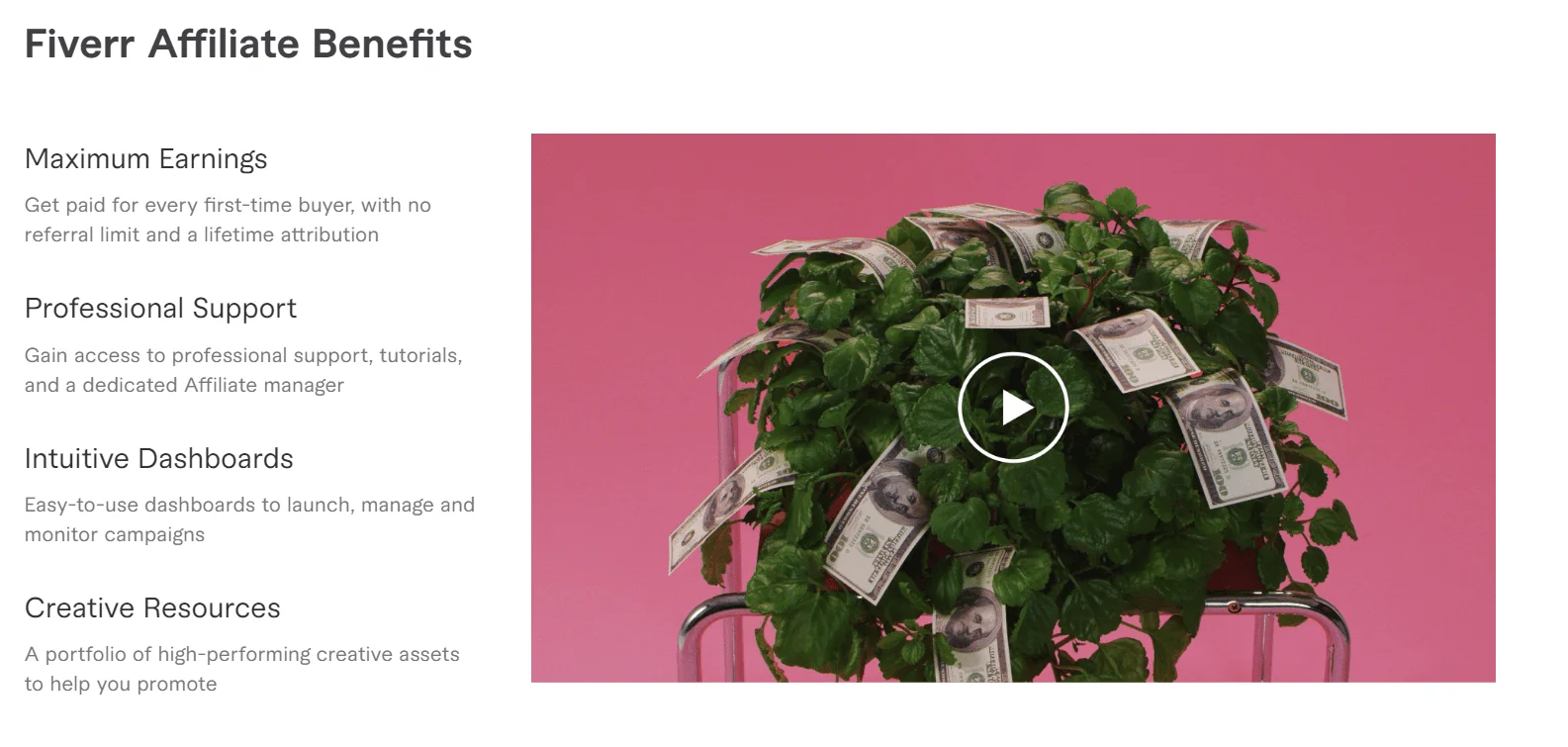 Fiverr Affiliate benefits from the landing page include maximum earnings, professional support, user-friendly tracking dashboards, and creative resources for promotion