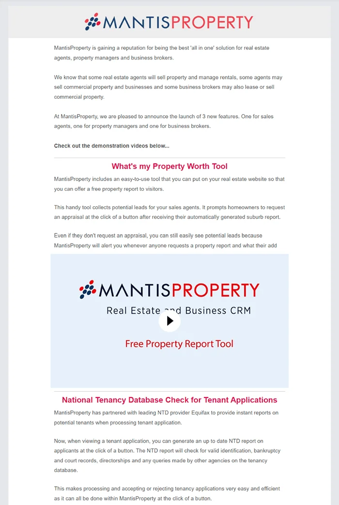 Real estate email example with minimalistic design containing business updates.