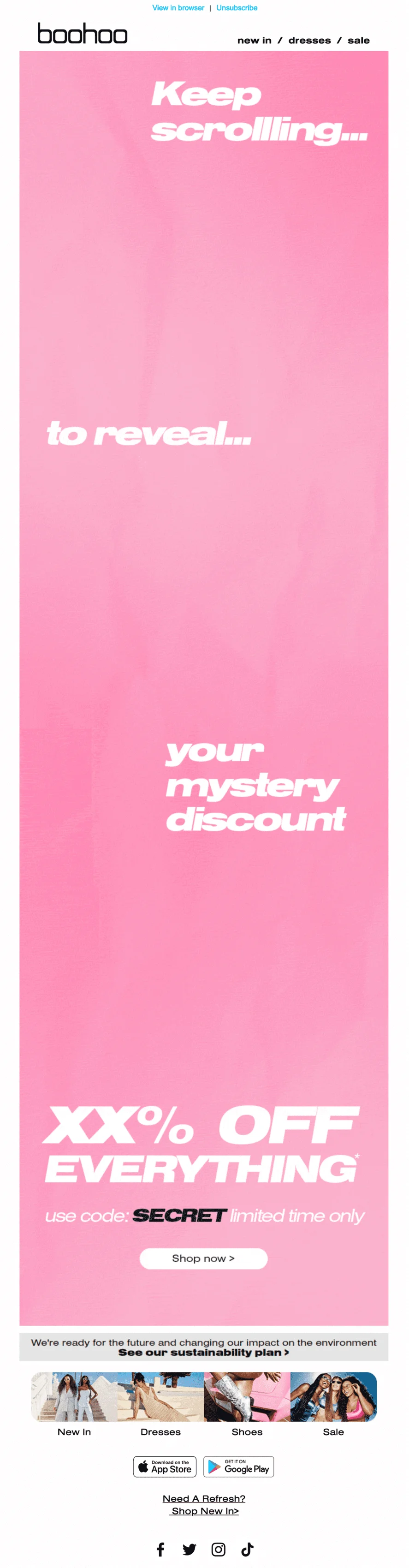 An email from boohoo encouraging subscribers to keep scrolling to reveal their secret discount