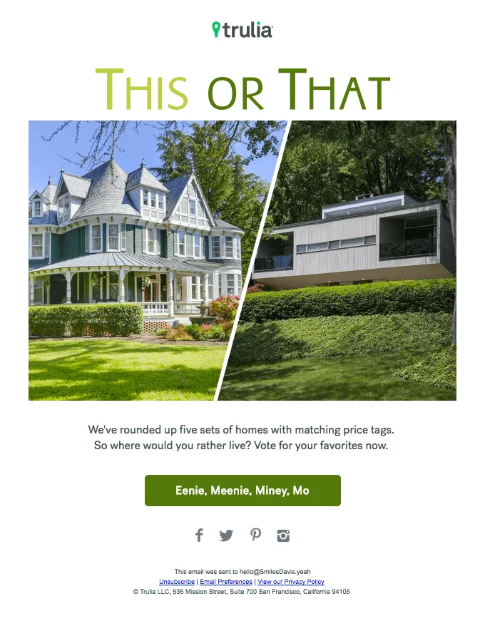Interactive email from Trulia inviting users to vote between pairs of similarly priced homes, comparing traditional and modern styles in a fun “This or That” format.