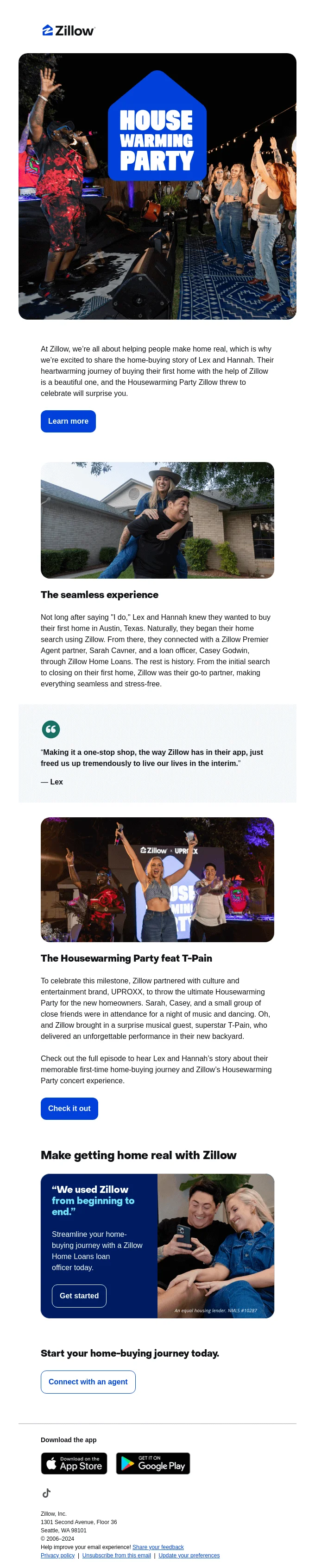 Promotional email from Zillow featuring a first-time homebuyer’s story and a surprise housewarming party with T-Pain, highlighting Zillow’s tools for the home-buying experience.