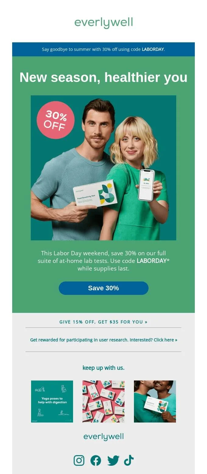 The Labor Day newsletter shows a man and a woman. They both are smiling and hold a packaging of tests and a smartphone with the webpage of the lab opened. The heading reads “New season, healthier you”.