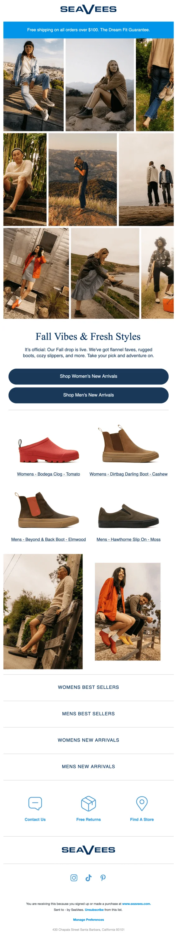 An email from SeaVees with the heading “Fall vibes & Fresh styles” with banner photos showcasing the new collection and several shoe models advertised below two CTAs for men’s and women’s products