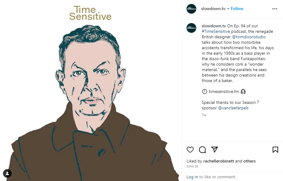 Instagram post featuring British designer Tom Dixon and the main highlights from the podcast episode. Dixon talks how two motorbike accidents transformed his life, his days as a bass player in Funkopolitan, why he considers cork a wonder material, and how his work is similar to a baker’s.