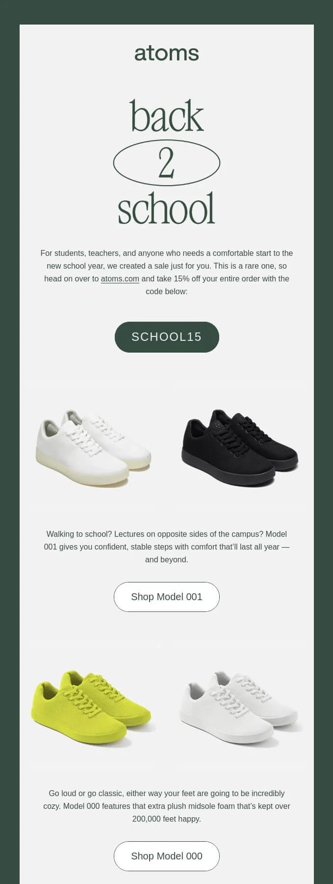 The newsletter shows different models of sneakers. Each model is followed by a link to the online shop. Plus, there is a promo code for 15% off.