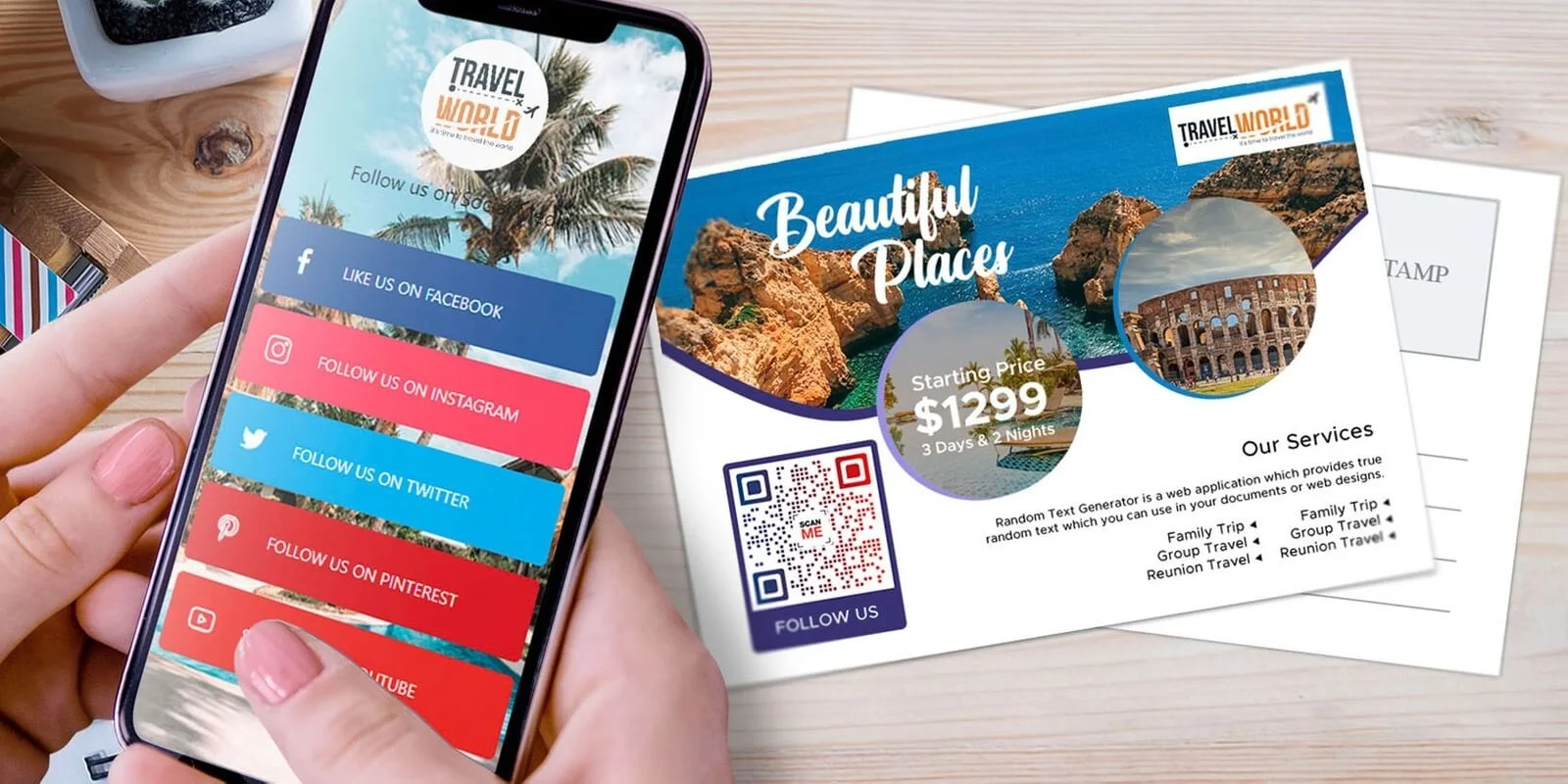 A postcard template with a QR code leading to the company’s multi-link page.